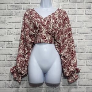 Versona Crop Paisley Print Dolman Balloon Sleeves Tie Back Blouse XS NWT